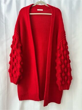 Simply Couture Red Knit Chunky Bubble Sleeve Open Cardigan Cozy Layer